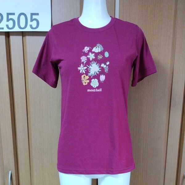 モンベル半袖TシャツS 赤紫 高機能素材ウイックロン採用 旬な野菜たちが並ぶプリント プリント状態も良好 mont-bell