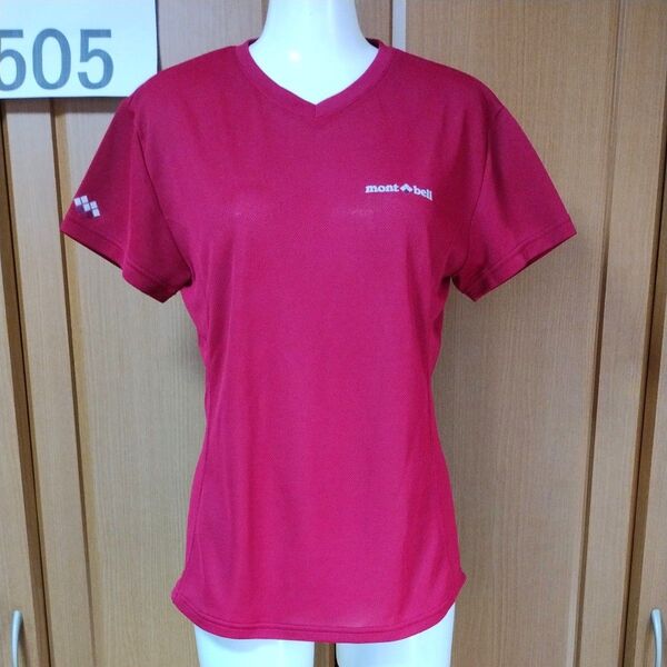 モンベル半袖TシャツL レッド 高機能ウイックロンで快適 mont-bellロゴプリントも状態良好 Vネック ポリエステルメッシュ
