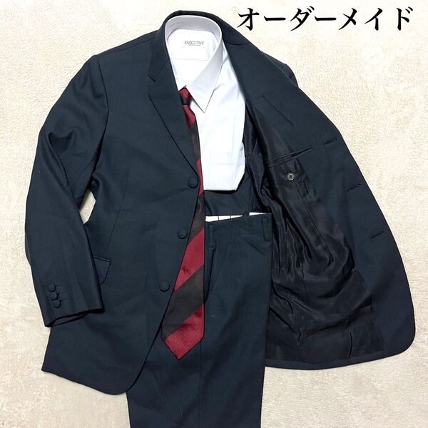 オーダーメイド 塩崎洋服店 ブラック ストライプ フリー ノータック スーツ上下