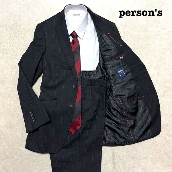 person's ブラック チェック YA6 ノータック スーツ上下 セット