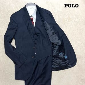 POLO 3ピース ネイビー ストライプ 42 ノータック スーツ上下 セット