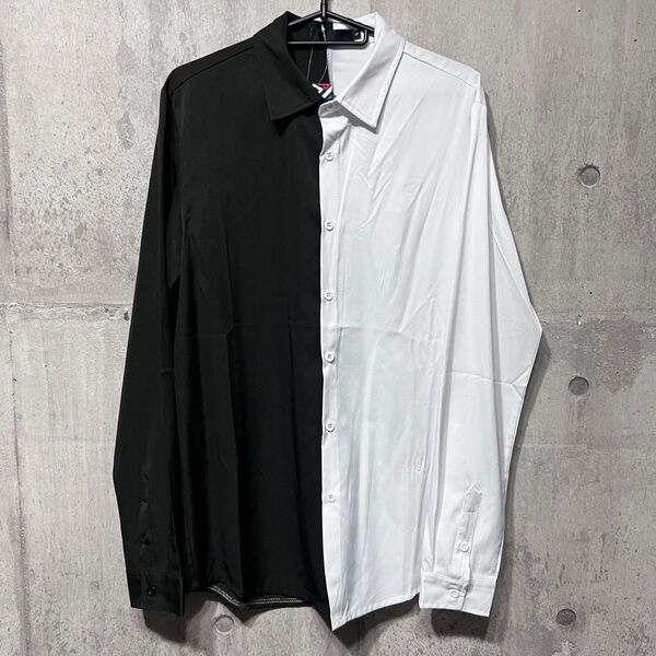 アシンメトリー バイカラー 切替 白黒 長袖 シャツ 新品