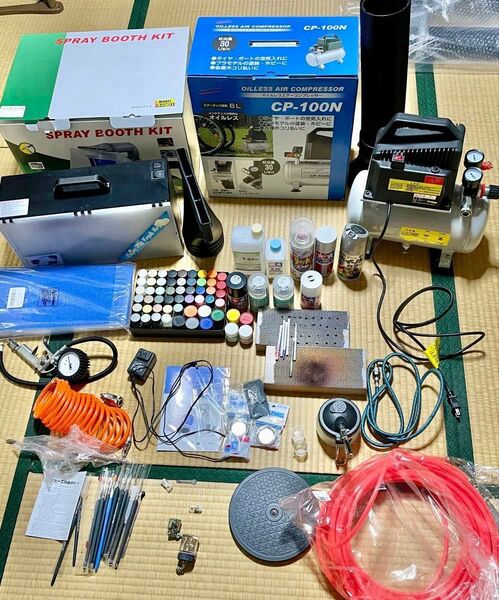 ホビー塗装 エアー工具 フルセット スプレーブース 塗装ブース オイルレスコンプレッサー 塗料 大量 まとめ売り エアブラシ