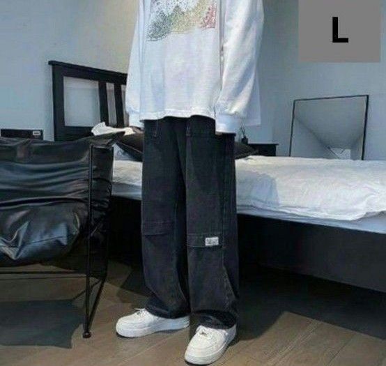 L メンズ デニムパンツ 黒 ボトムス ストレート ウエストゴム ストリート系