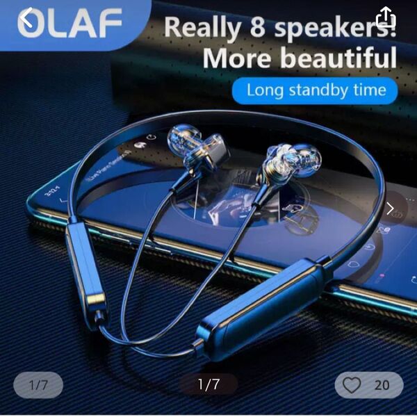 OLAF ワイヤレスイヤホン 8スピーカー搭載 高音質。スポーツワイヤレスヘッドセット。USBケーブル。