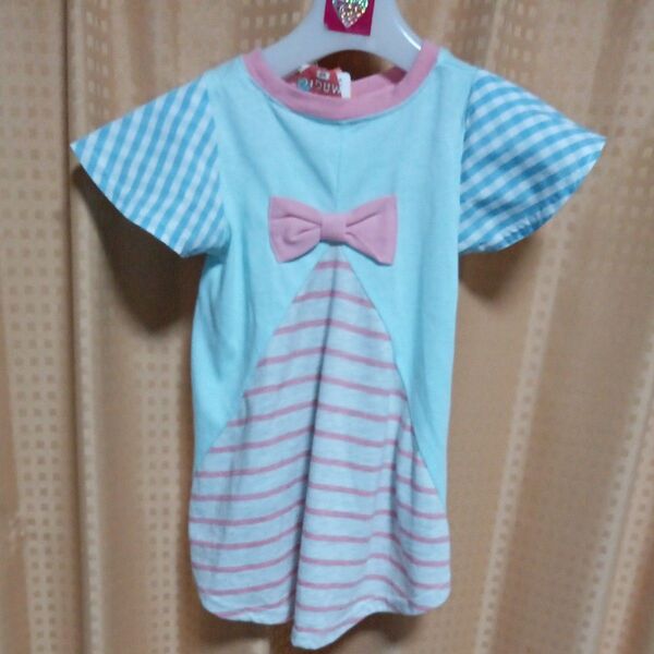 女の子 カットソー 半袖 水色 ピンク ストライプ ギンガムチェック リボン 90センチ 新品 同じもので 95cm もあり