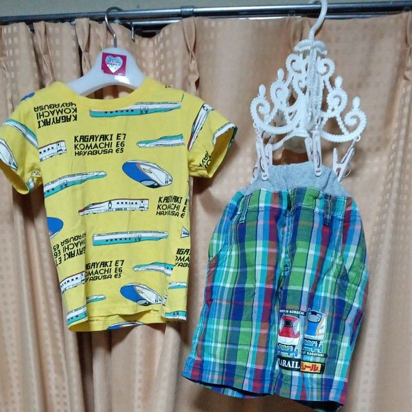 新幹線柄 半袖Tシャツ95cm、プラレール チェック ハーフパンツ100センチ 2点セット バラ売り 可能 クーポンでお得に