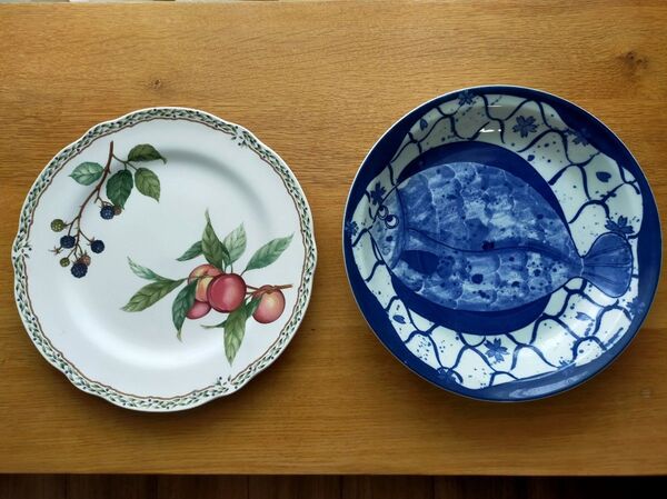 Noritake+魚文の染付き大皿 直径約27cm 2点セット