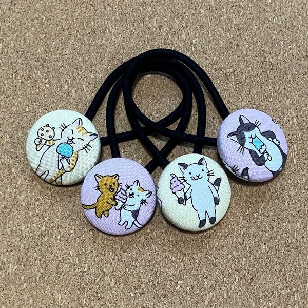 ヘアゴム くるみボタン ハンドメイド ねこネコ猫アニマル柄子供親子姉妹おそろいセット大人
