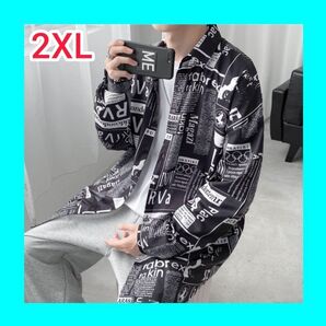 シャツ ブラック 2XL 長袖 英字プリント メンズ