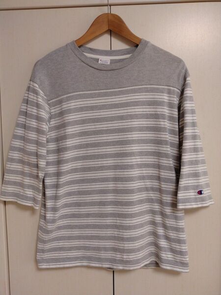 Champion チャンピオン 七分袖 ボーダー ボーダーTシャツ スウェットT シャツ グレー×ホワイト