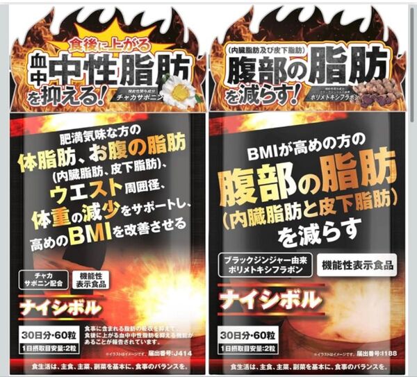 お腹の脂肪を減らす ナイシボル チャカサポニン ブラックジンジャー 内臓脂肪 皮下脂肪 2個セット
