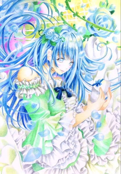 色鉛筆イラスト原画「蒼乙女の手紙」