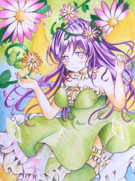 色鉛筆イラスト原画「お花づくり」