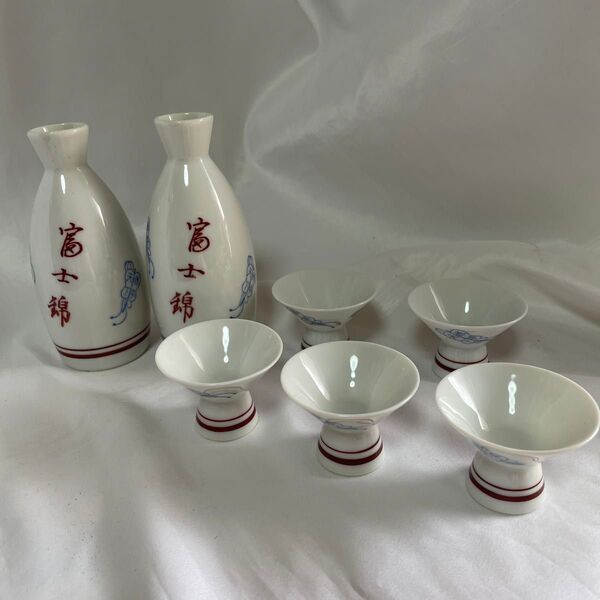259酒器セット とっくり2本 お猪口5個 富士錦柄 昭和レトロ
