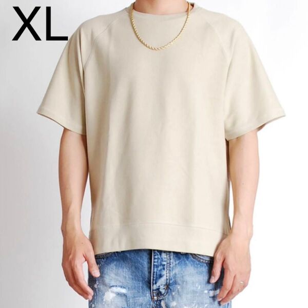 AMTY アンティ ミニ裏毛 クルーネック プルオーバー メンズ 半袖 ベージュ 無地 半袖Tシャツ Tシャツ トップス XL
