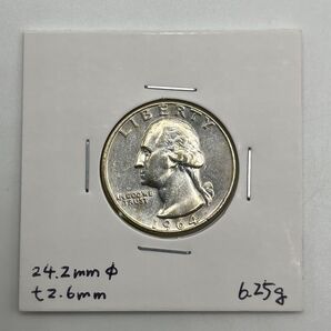 銀品位90% LIBERTY QUARTER DOLLAR 1964年 ワシントン 25セント銀貨 直径24.2mm重さ6.25g