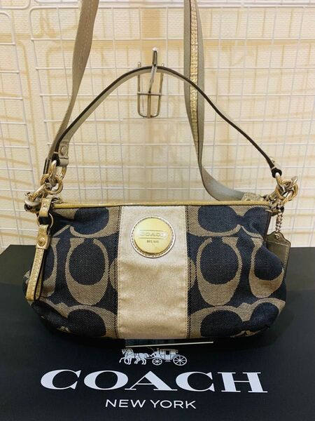 COACH コーチ シグネチャー 2way ショルダーバッグ トートバッグ レザー キャンバス ネイビーシルバー系