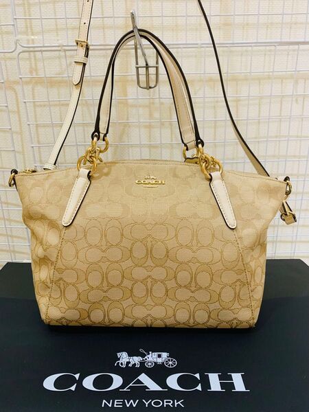 【まあまあ美品】COACH コーチ シグネチャー 2way ショルダーバッグ トートバッグ レザー キャンバス ベージュ
