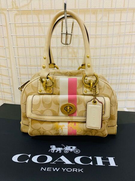 【まあまあ美品】COACH コーチ シグネチャー トートバッグ ハンドバッグ ミニバッグ レザー PVC ベージュ