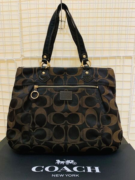 COACH コーチ シグネチャー トートバッグ レザー ナイロン 濃いブラウン系