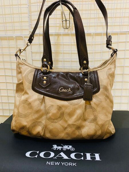 COACH コーチ シグネチャー 2way ショルダーバック トートバッグ レザー ナイロン ベージュ、ブラウン系