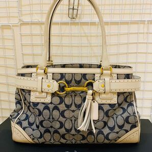 COACH コーチ シグネチャー トートバッグ レザー キャンバス ホワイト、ネイビー系