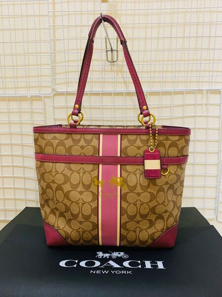 【まあまあ美品】COACH コーチ シグネチャー トートバッグ レザーPVC ブラウン.ピンク系