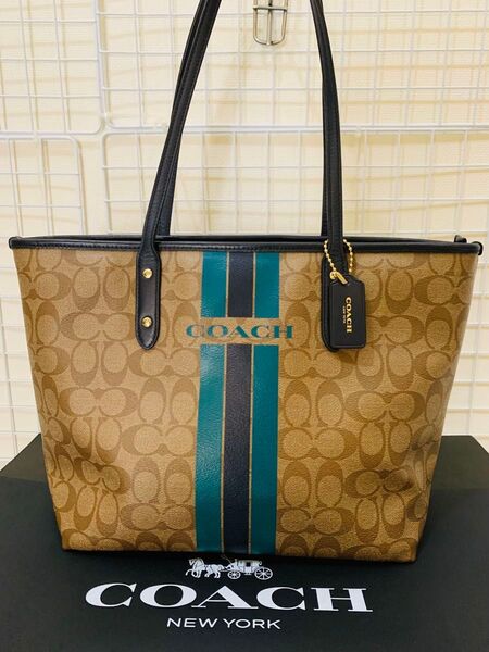 【まあまあ美品】COACH コーチ シグネチャー トートバッグ 肩掛け レザーPVC ブラウン.グリーン系