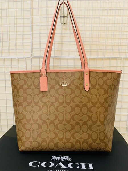 【訳有り美品】COACH コーチ シグネチャー トートバッグ レザーPVC ブラウン.ピンク系 肩掛け