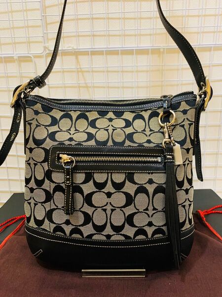 【美品】COACH コーチ シグネチャー ショルダーバッグ レザー キャンバス ブラック、グレー系