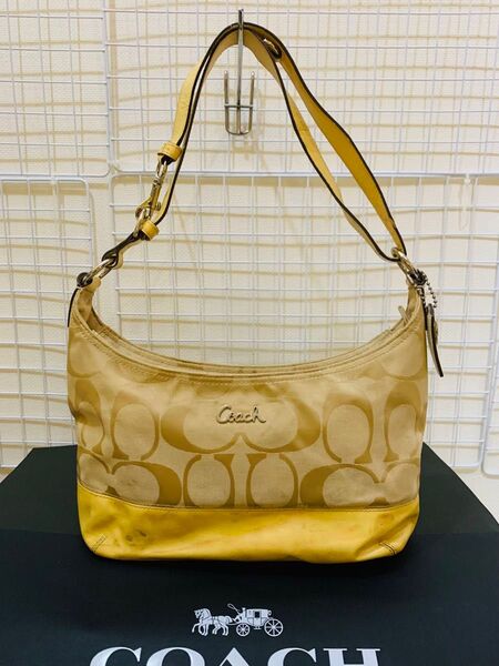 【ジャンク】COACH コーチ シグネチャー ショルダーバッグ トートバッグ レザー キャンバス ブラウン、イエロー系