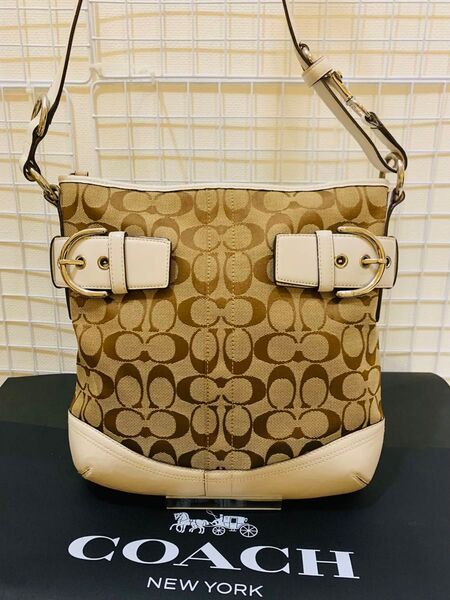 【まあまあ美品】 COACH コーチ シグネチャー ショルダーバッグ 斜め掛け レザー キャンバス ホワイト系 ブラウン