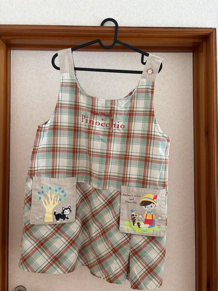保育士 エプロン M-L 大人用 ピノキオ ディズニー チェック柄 かわいい 子ども 幼稚園