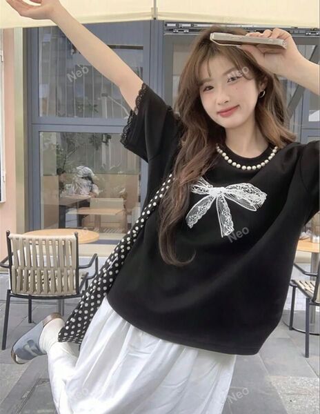 韓国風服 パールデコレーション ラウンドネック リボンプリントTシャツ