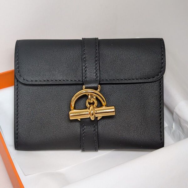 HERMES エルメス コインケース グレナンコンパクト 二つ折り財布 ウォレット ブラック ゴールド金具 黒 カードケース