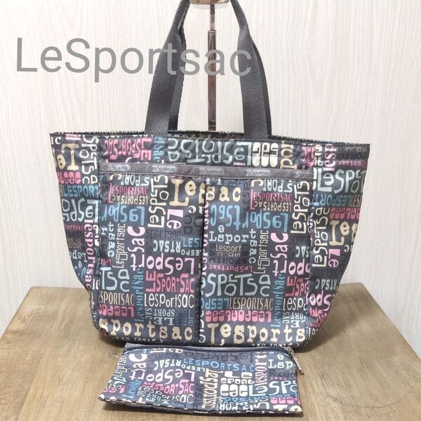 【美品】レスポートサック ミニトートバッグ ランチトートバッグ ポーチ付き ロゴ 総柄 軽量 LeSportsac