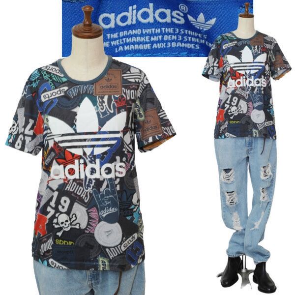 【adidas アディダス】 デカロゴ トレフォイル 総柄 マルチカラー デザイン Tシャツ 半袖 サイズ L