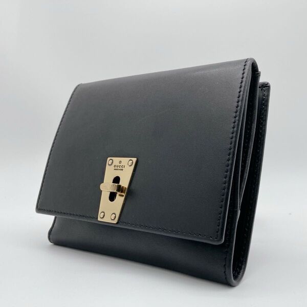 美品 GUCCI グッチ 財布 二つ折り Wホック ブラック ゴールド レザー
