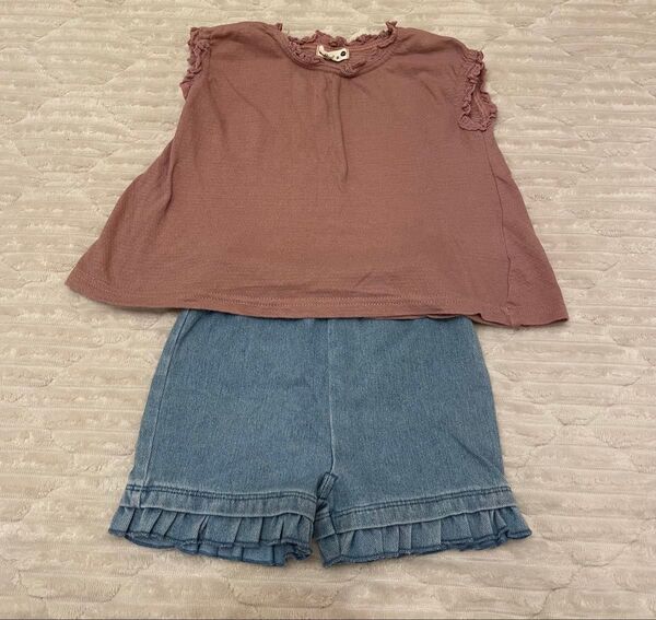 プティマイン ブランシェス 100 上下セット くすみピンク Tシャツ トップス ブラウス デニム フリル ショートパンツ