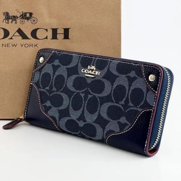 新品 COACH 長財布 コーチ財布 ネイビー 女性用財布 長財布 シグネチャー ジップアラウンド プレゼント ブランド 贈り物