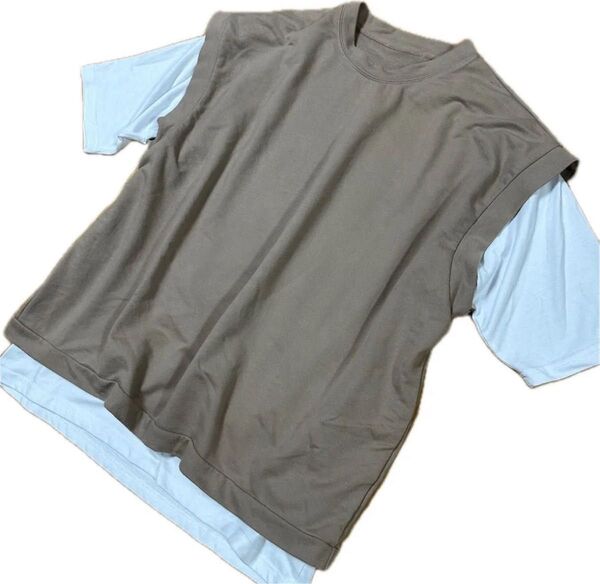 アンサンブル 2枚セット重ね着 半袖Tシャツ&ベスト オーバーサイズ カットソー トップス ユニセックス男女兼用 クーポン消化