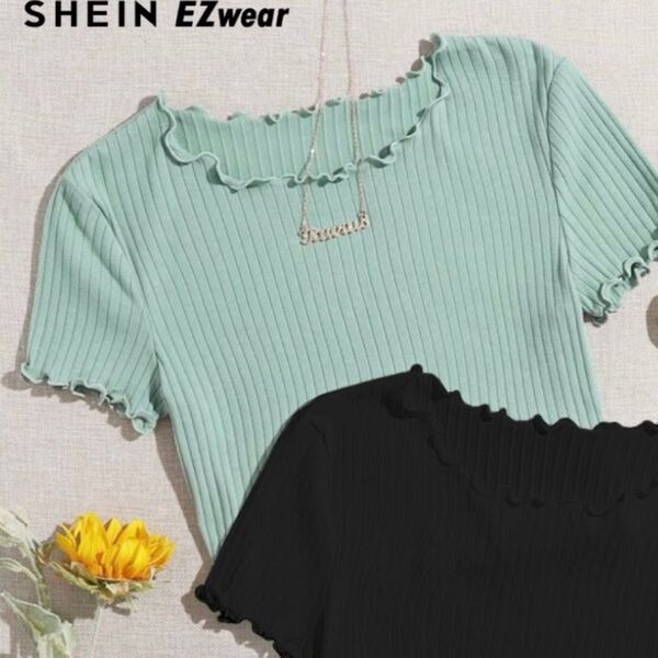SHEIN EZwearシーイン レタストリムTシャツグリーン系 レディースウェアストレッチ生地トップス カットソー クーポン消化