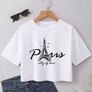 新品 SHEIN シーインショート丈Tシャツ ホワイトトップス カットソー エッフェル塔プリント クーポン消化