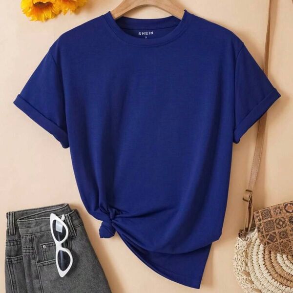 SHEIN シーイン 半袖Tシャツ ネイビー 男女兼用 ユニセックス トップス カットソー クーポン消化