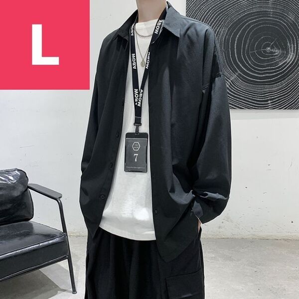 メンズシャツ 長袖 ブラック L カジュアル とろみ オーバーサイズ 韓国