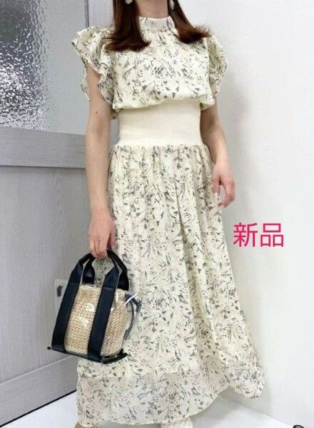 新品 INGNI ウエストリブ 花柄シフォンフリルワンピース アイボリー サイズM