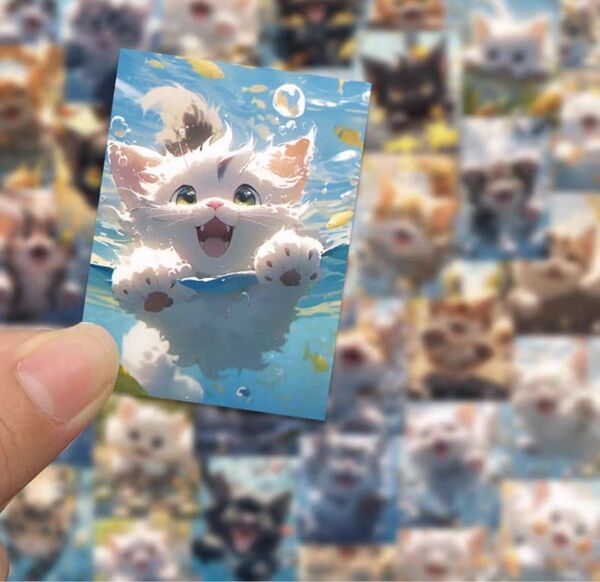 可愛い 水遊び 猫 ステッカー50枚 シール 人物ステッカー フレークシール