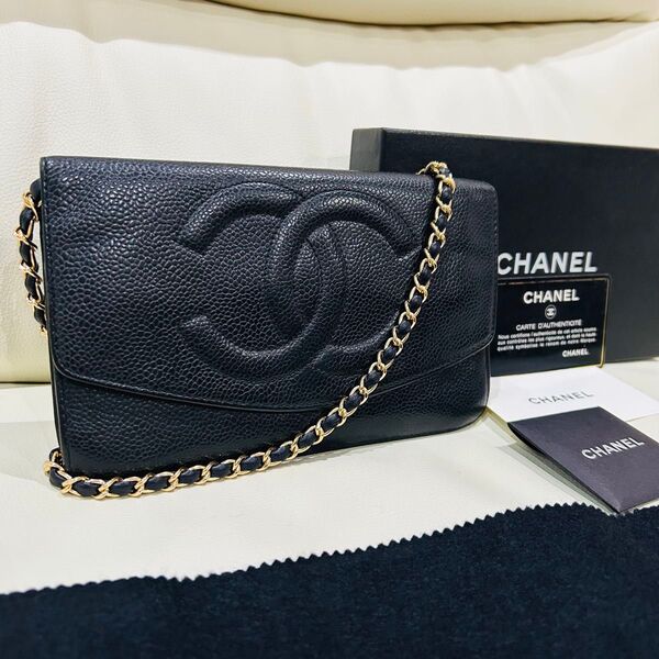 CHANEL 美品 キャビアスキン チェーンウォレット 黒 財布 ショルダー ココマーク
