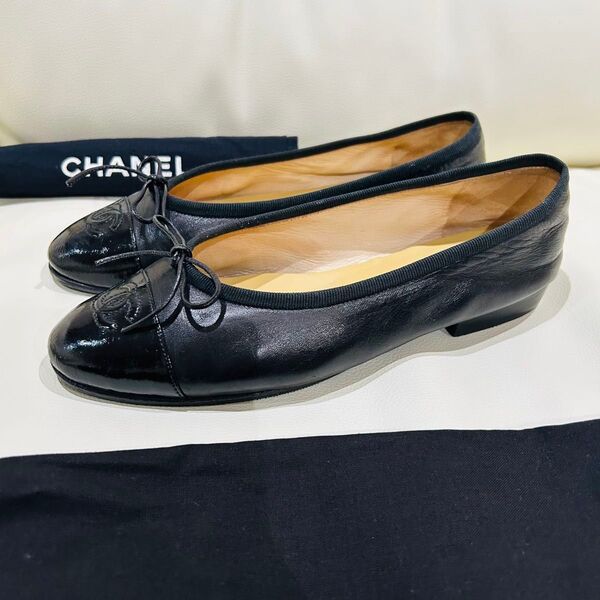 CHANEL 美品 バレエシューズ 黒 37.5 ラムスキン 23.5cm バレリーナ